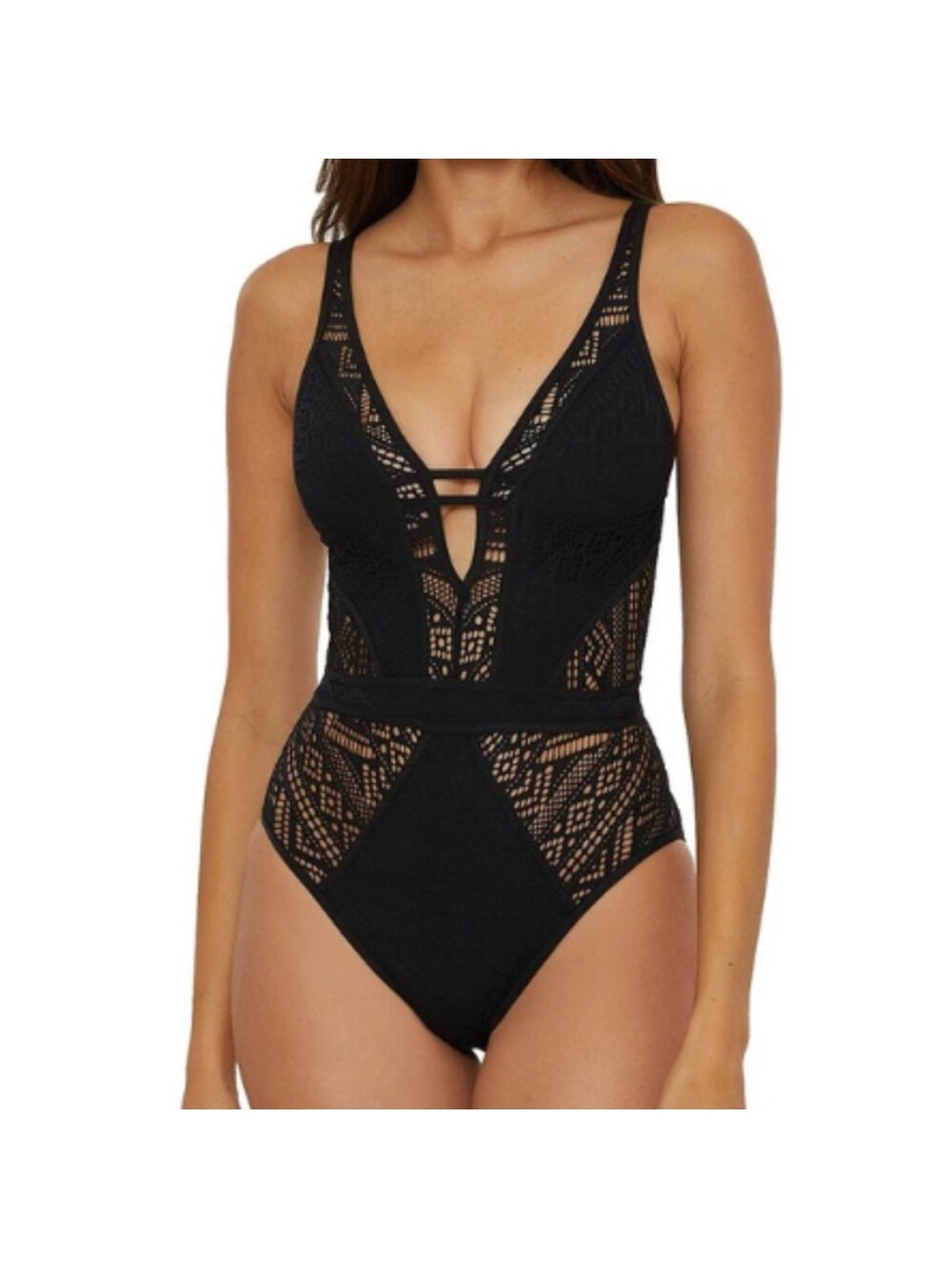BECCA Black Crochet Lace Plunge One-Piece Swimsuit with Strappy Detail